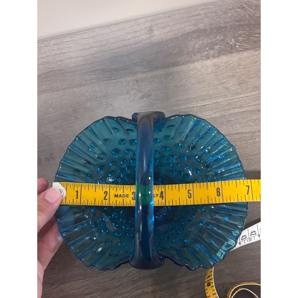 Vintage Fenton Hobnail Blue Glass Basket Ruffled Edge Crimped Candy Dish 7 inch - Picture 8 of 9